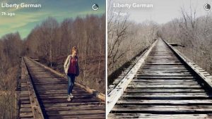Photograph Libby German posted on Snapchat of Abby Williams walking on the Monon High Bridge, Dephi, IN.